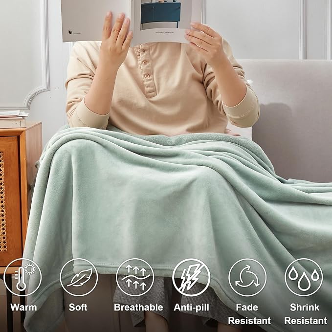 Hansleep Queen Grey Green Fleece Blanket, Soft Flannel Bed Blanket | Fuzzy Cozy Blanket 90x90 Inches, Multi-use for Bed, Sofa, Couch, Travel, Camping, All Season Warm Lightweight Cover