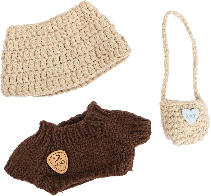 17 Cm Doll Clothes (No Doll) - Premium Doll Clothing & Accessories, Brown Sweater Collection - Dark Brown Sweater+Light Brown Hat+Cute Backpack(Style S)