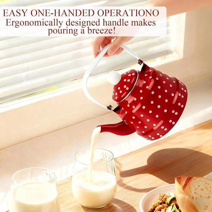 2.5 Quart Vintage Enamel Tea Pot Stovetop,Enamel Water Kettle Teapot with Red and White Spots,Enamel on Steel Water Coffee with Handle,Hot Water Kettle for Hot Water,No Whistling,Wedding Gift