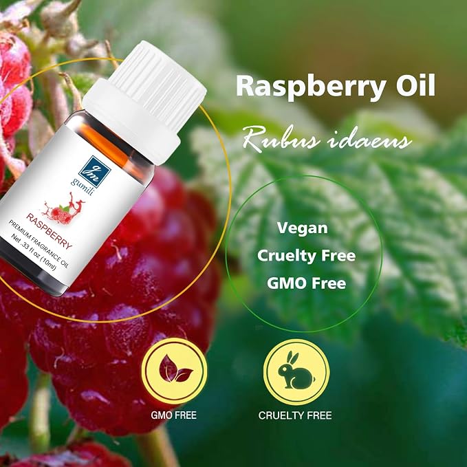 GM Gumili Raspberry Oil - Pure Organic Scent for for Aromatherapy, Diffusers, Spray, Skin & Hair Care, Massage, DIY Candles & Soap, Perfume - Fruity Fragrance, 10mL