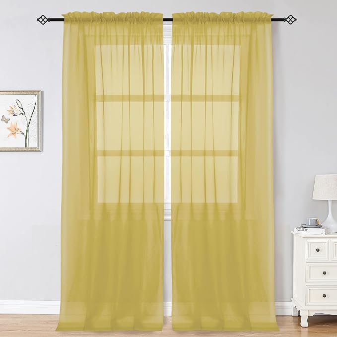 OWENIE Gold Sheer Curtains 96 Inch Length 2 Panels Set, Elegant Sheer Curtains for Bedroom, Window Voile Sheer Curtain Panels/Drapes/Treatment for Living Room, 2Pcs, Total 84“ Wide