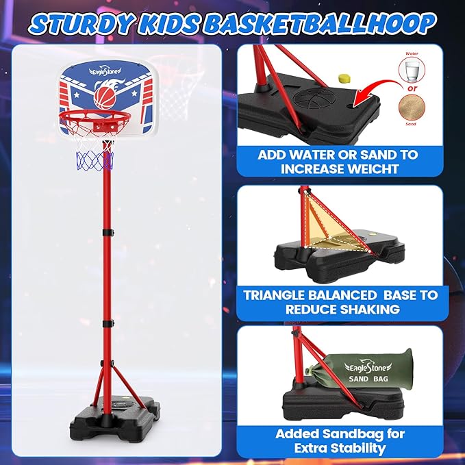 EagleStone Kids Basketball Hoop with Stand, Adjustable Height Basketball Set Toddler Toys for Boys and Girls Age 3-12, Indoor Outdoor Backyard Sport Game Gift with Sandbag for Stability