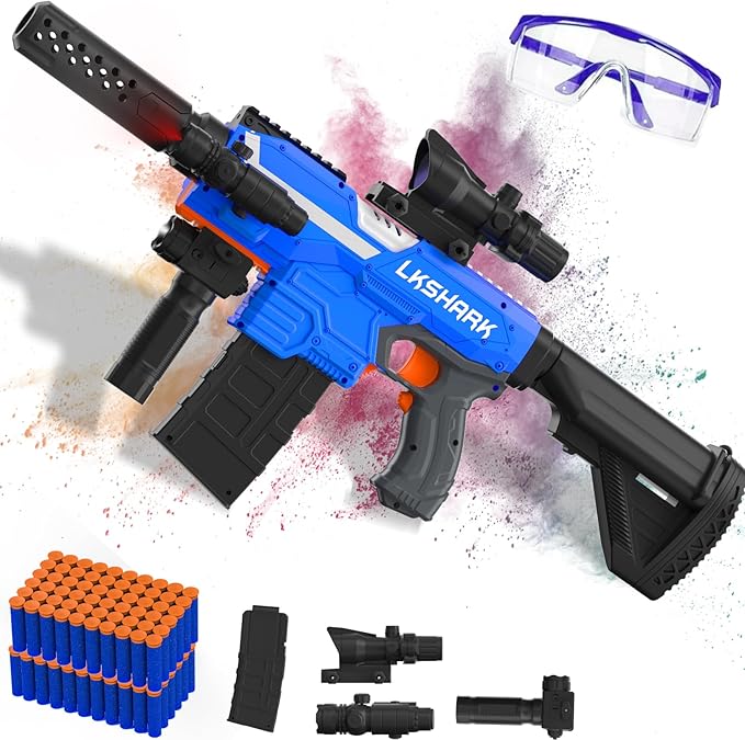 Automatic Toy Foam Blaster with Scope, Electric Toy Dart Blaster with 120 Foam Darts for Nerf, IR, Flashlight, Goggles, Air Pocket Technology Outdoor Shooting Game Kids Toys for 8-12-Blue