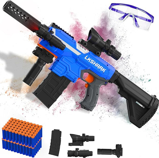 Automatic Toy Foam Blaster with Scope, Electric Toy Dart Blaster with 120 Foam Darts for Nerf, IR, Flashlight, Goggles, Air Pocket Technology Outdoor Shooting Game Kids Toys for 8-12-Blue