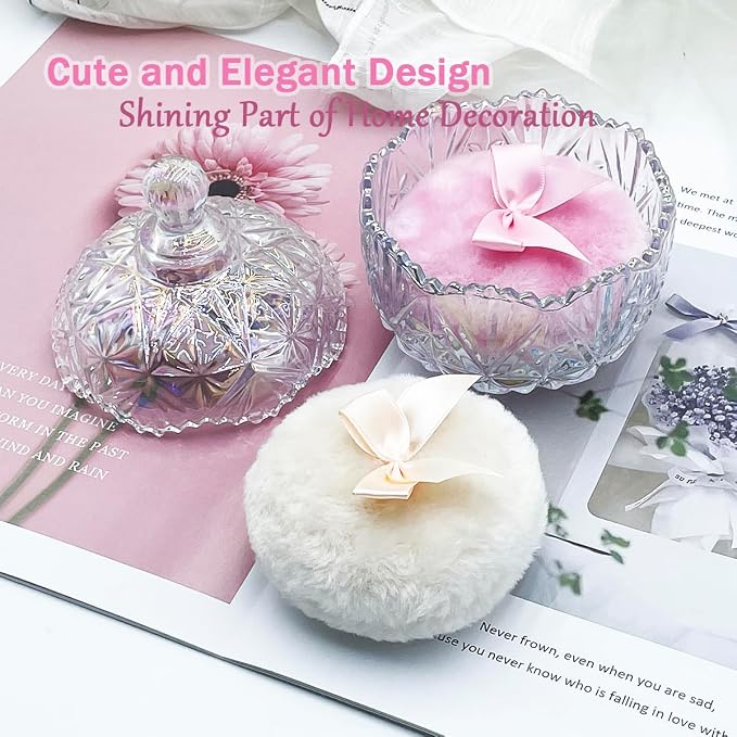 4" Glass Dusting Powder Container with 2 Fluffy Puffs,Cute 3.5" Soft Body Powder Puff and Jar Set(Crown-dazzling color)