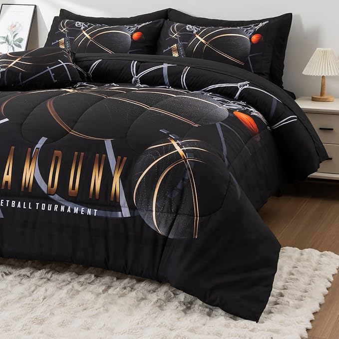 A Nice Night Basketball Court Printed Comforter Sets,with Sportsman Slam Dunk Printing 6Pcs Bedding Set in a Bag for Teen Boys,Full