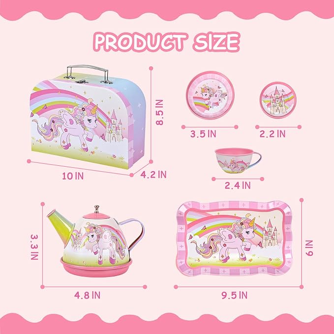 Unicorn Tea Party Set for Little Girls Ages 3-6, 15-Piece Pretend Play Kitchen Toys with Teapot, Cups, Plates & Storage Case, Princess Gift Set