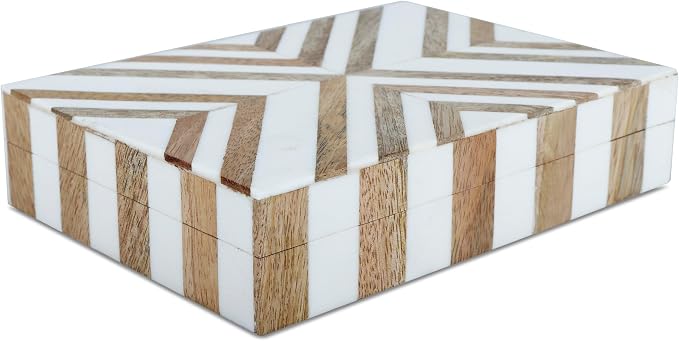 Handicrafts Home White Decorative Storage Box with Lid Wooden Desk Organizer Box Office Storage Box for Workspace Desk Decor Organizer – Resin Inlay Marquet Chevron Collection - 5x7x1.5