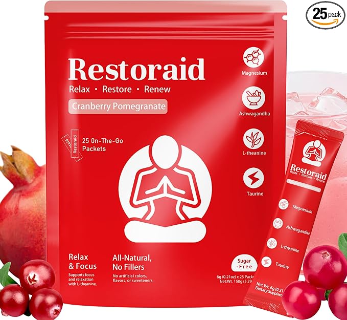 Restoraid Relaxation Drink Mix – 25 Packets | Magnesium, L-Theanine, Ashwagandha, Taurine, Glycine | Calming & Relaxing Supplement (Cranberry Pomegranate)