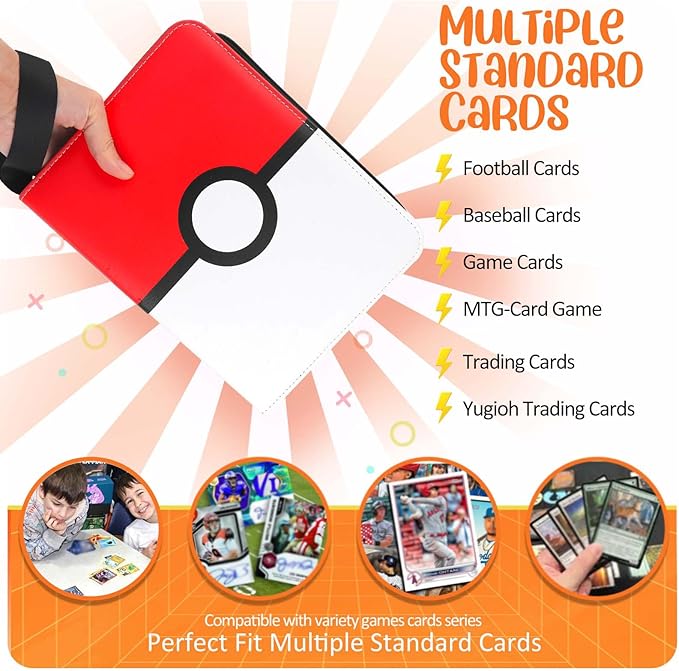 Card Binder 4 Pocket, Trading Card Holder Fits 400 Cards With 50 Removable Sleeves, Portable Collection Card Ablum, Game Card Case book With Zipper for Gift, Red