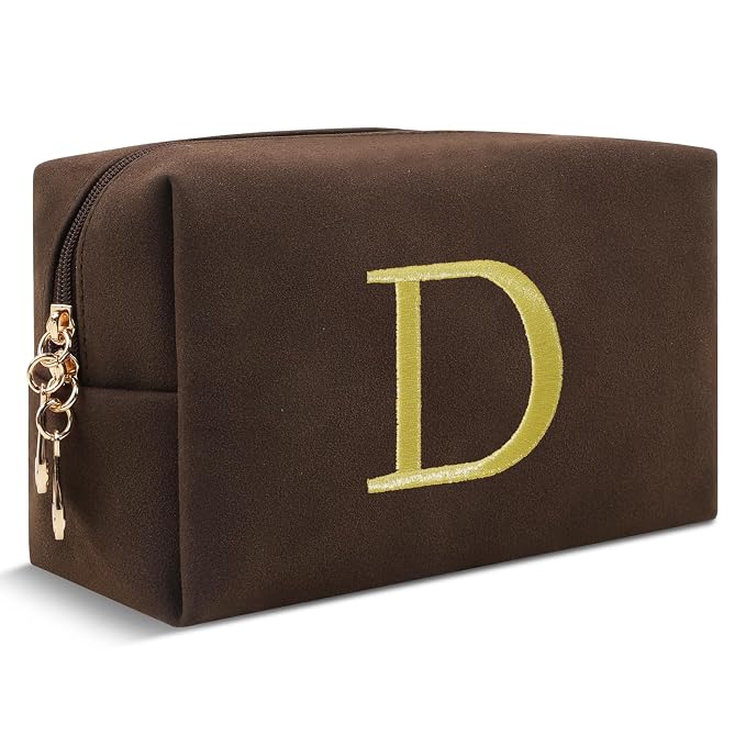 Personalized Initial Makeup Bag,Preppy Suede Cosmetic Bag for Teen Girls,Small Monogram Travel Toiletry Bag With Gold Embroidered Letter,Trendy Stuff Custom Christmas Gift for Women(Coffee-D)