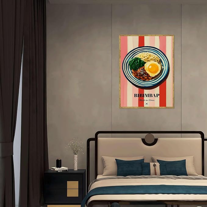 Bibimbap Poster Canvas Print Art Print Modern Korean Food Painting Trendy Kitchen Wall Art Home Decor Wall Decoration for Living Room Bar Apartment Pictures (Wood Framed,12L x 16W)