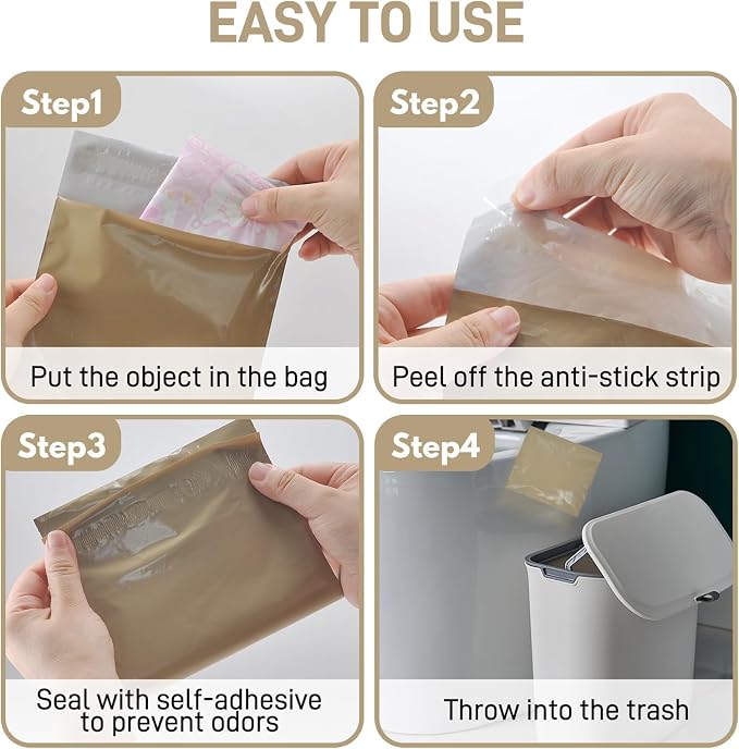 Sanitary Napkin Disposal Bags FARVIGOR, 100Pcs Women Feminine Hygiene Disposal Bags for Tampons and Pads, Personal Disposal Bag Self-Sealing, Privacy Protection, 9.8x5.9"(Khaki)