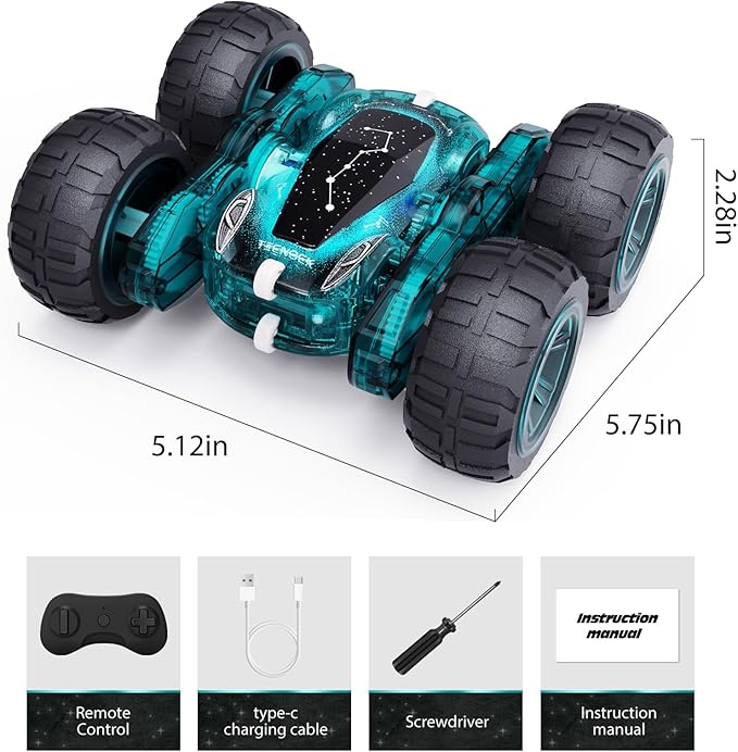Tecnock Remote Control Car, 2.4GHz RC Cars with USB-C Easy Charging, 4WD Double Sided 360° Rotates and Flips RC Stunt Car, Toys Gift for Boys and Girls Ages 6-8, 8-12