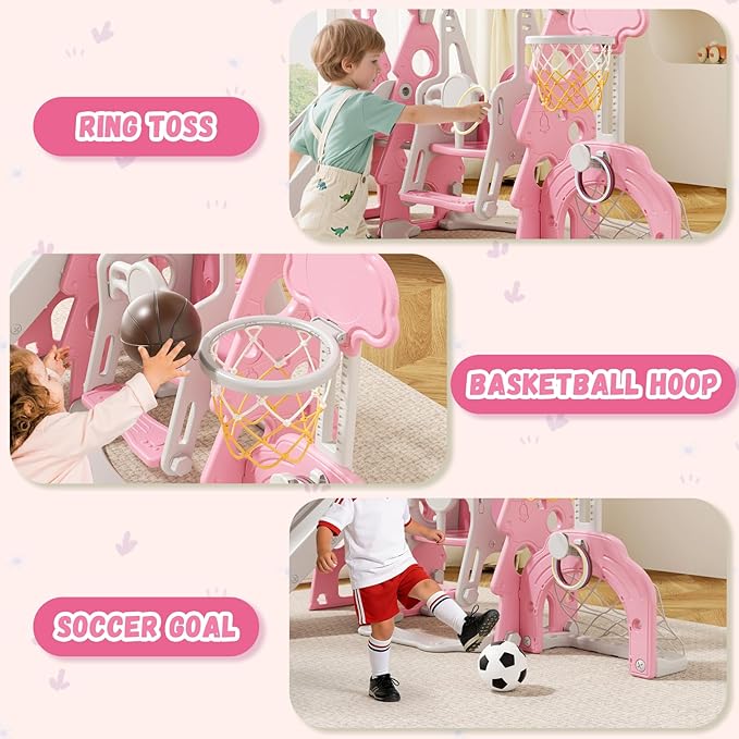 XJD 6-in-1 Toddler Slide and Swing Set, Kids Slide for Toddlers Age 1+, Toddler Outdoor Playset with Basketball Hoop, Football Frame, Swing, Christmas Birthday Gifts for Kids (Light Pink)