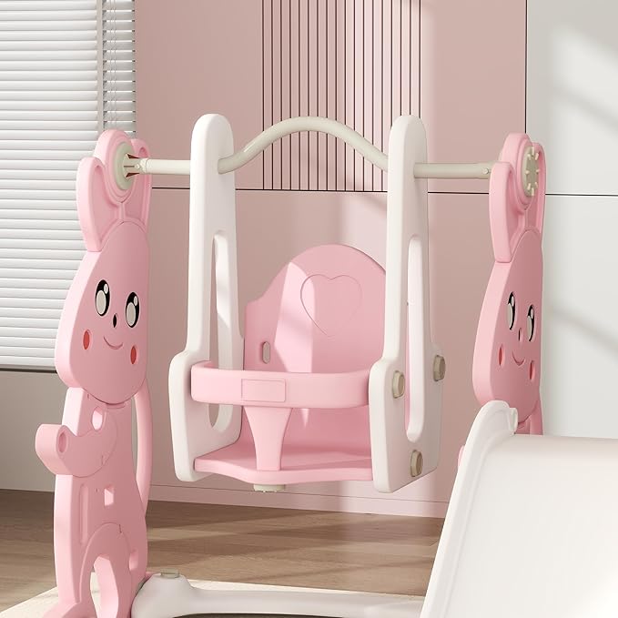 Qaba 4 in 1 Toddler Slide and Swing Set, Kids Playset for Ages 1.5-4, Rabbit Themed Children Slide Playground with Climber, Basket Hoop, for Indoor Outdoor Backyard, Pink