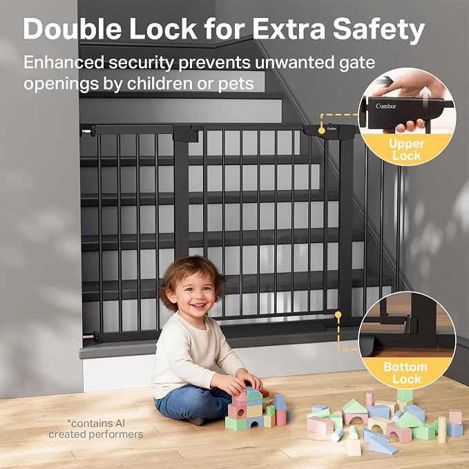 Cumbor Pack of 2 Extra Wide Baby Gate for Stairs, 29.7–51.5" Pressure Mounted Dog Gate for Doorways, Auto Close Safety Pet Gate, Easy Walk Thru Wide Child Gate, Black, Mom's Choice Award Winner