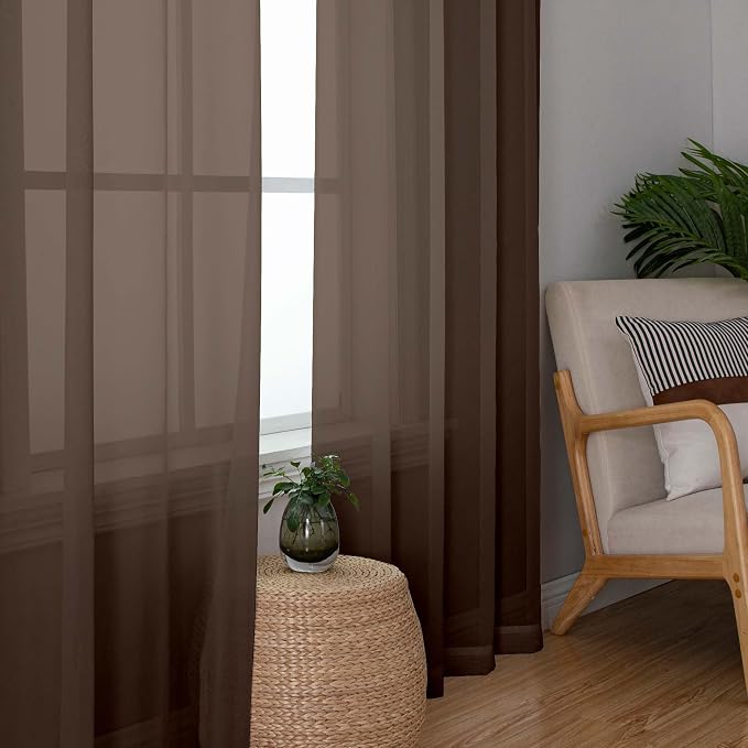 OWENIE Sheer Curtains 72 Inches Long 2 Panels Set, Light Filtering Sheer Curtain Rod Pocket Clear Drapes for Living Room Bedroom Window Sliding Door, Each 42 x 72 Inch, Chocolate