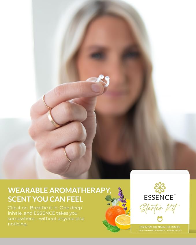 Essence Nasal Diffuser Starter Kit – Essential Oil Silicone Nose Ring Inhalers for Beginners – Wearable Aromatherapy Bundle for Relaxation, Energy & Breathing Support