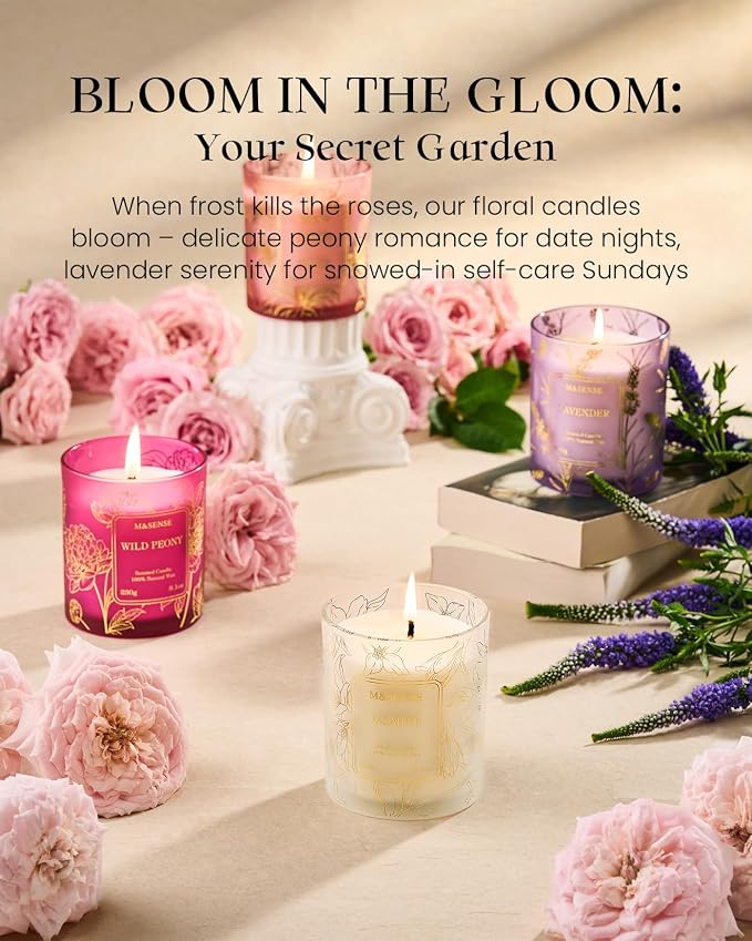 M&SENSE Jasmine Soy Candle, 8.1oz Gilded Glass Floral Gift | 42H Long Burn, Non-Toxic Soy, Gilded Glass, Romantic Floral Scent, Warmer Compatible, Reusable Vase