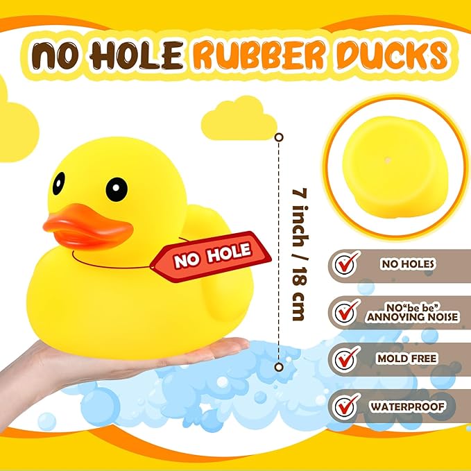 Lenwen 2 Pcs 7 Inch Giant Rubber Duck No Hole Waterproof Big Rubber Duck Large Duckling Bath Floating Toy with Sealed Plug for Birthday Baby Shower Party Decoration Gift Swimming Pool