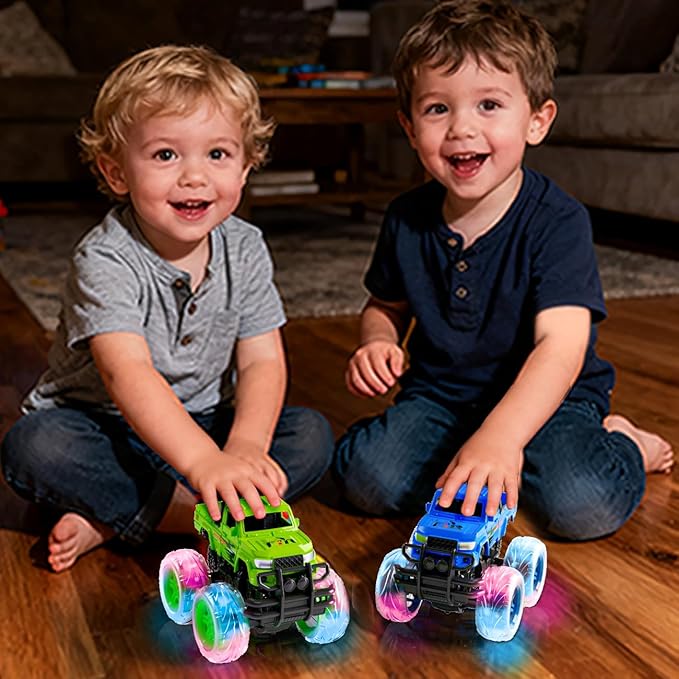 LODBY Monster Trucks Toys for Toddlers, Light-Up Trucks & Cars Toys for 2 3 4 5 6 Year Old Boy Christmas Birthday Gifts, Kids Push and Go Cars with Flashing Wheels (2 Pack)