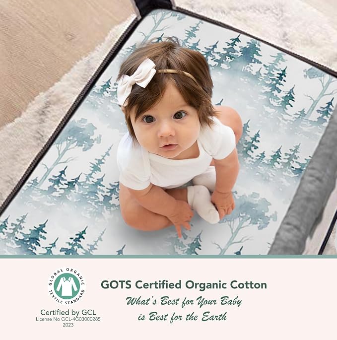 100% Organic Cotton Fitted Travel Crib Sheets, Perfectly Compatible with Guava Lotus, BabyBjorn, Dream On Me and All mattresses 22-26" Wide by 40-44" Long. Strap Holes in Corners. 2 Pk