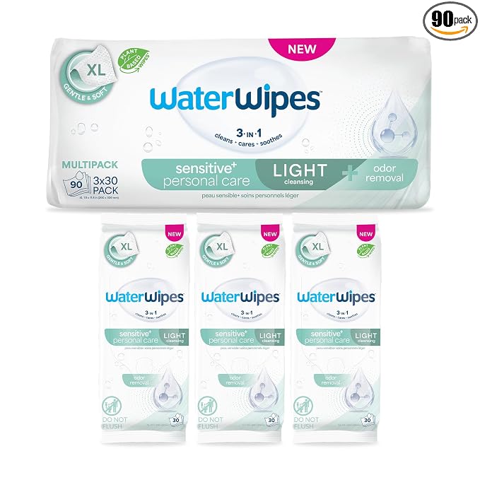 WaterWipes Sensitive Personal Care Light, Incontinence Wipes, Odor Removal, XL Textured Wipes, Fragrance Free, 90 Count (3 Packs)