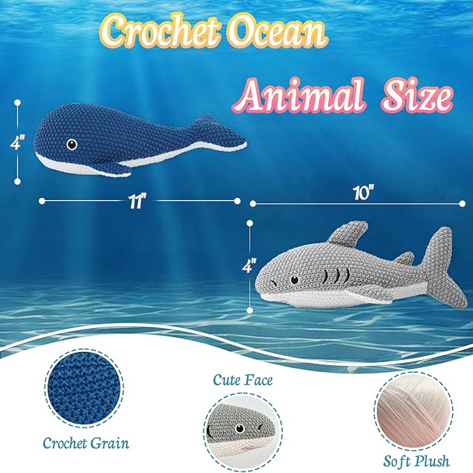 Crochet Stuffed Animals 2-Pack (Shark & Whale), 10 Inches Soft Cotton Ocean Plush Toys, Cute Hand-Crocheted Sea Plushies, Birthday for Boys Girls Kids & Adults