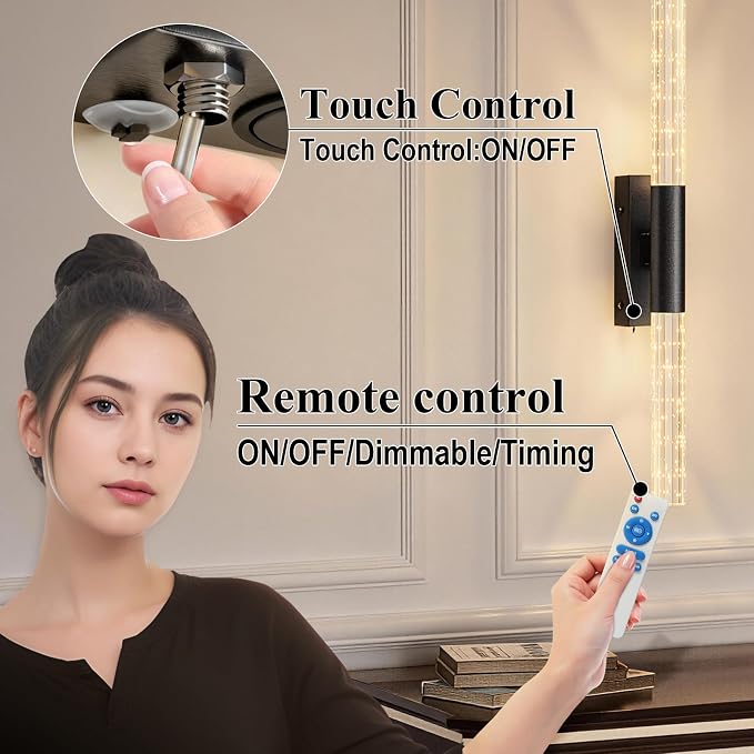 camuucci Battery Operated Wall Sconces Set of 2, Rechargeable Wall Lights | 12000mAh Long-Lasting Battery,Dimmable Cordless Sconce,No Wiring Needed for Bedroom,Living Room,Black 25.6 Inches