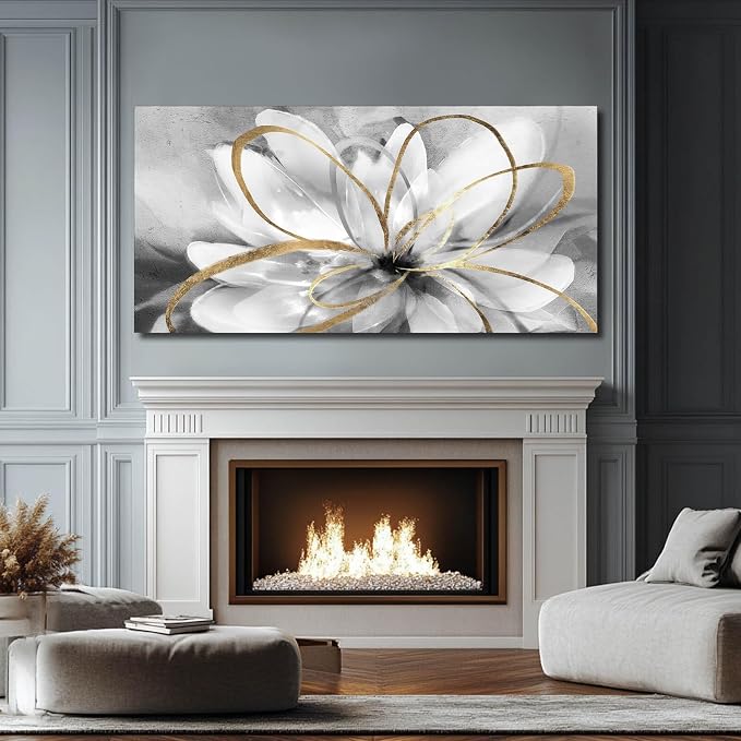 SOUGUAN Flower Wall Room Decor Gold Decoration White Flower Artwork for Living Room Office Dining Room 24x48 Inch