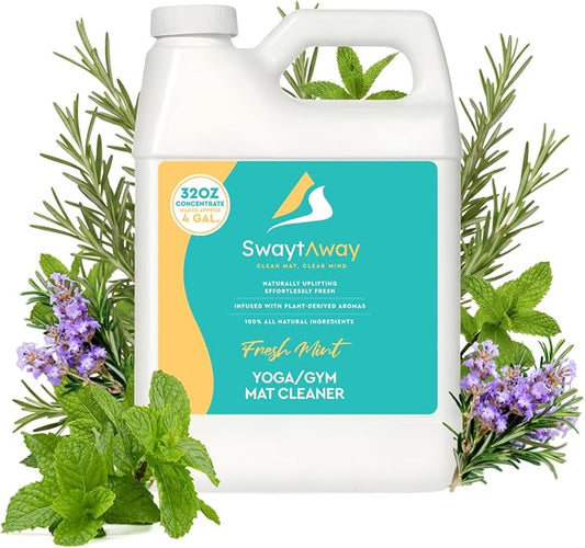 SwaytAway Fitness Mat Cleaner Concentrate – 32oz/Make 4 Gal - No-Slip No-Residue Fresh Mint Essential Oil Formula – USA Made Aromatherapy Yoga Mat Spray for Home & Studio – Natural Cleaning Solution