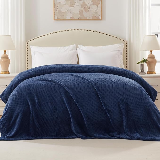 Exclusivo Mezcla Soft Waffle Fleece Bed Blanket Queen Size, Navy | Lightweight Plush Blanket for Bed, Bedroom, Cozy Flannel with Waffle Texture, Stylish Home Decor, All Season, 90x90 Inches