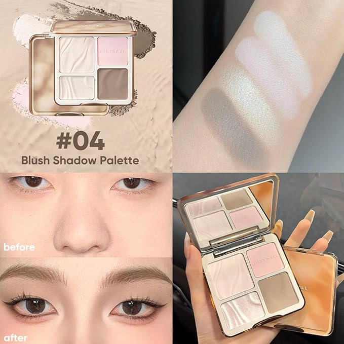 JUDYDOLL Highlight & Contour Palette, All-in-One Matte Highlighter Contour Compact, Natual Finish, Ultra-fine Powder, Easy to Apply, Blendable Face Makeup for All Skin Tones (04 Blush Shadow Palette)