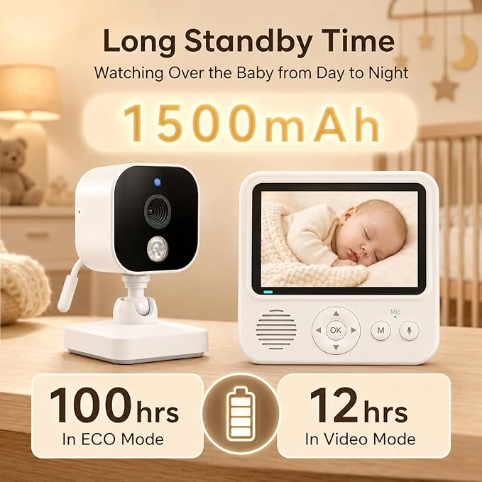 Baby Monitor with Camera and Audio, No WiFi Baby Monitor with 2.8" IPS Screen, 120-Hour Battery, 1000ft Long Range, 2-Way Talk, Cry and Feeding Reminder, Night Vision