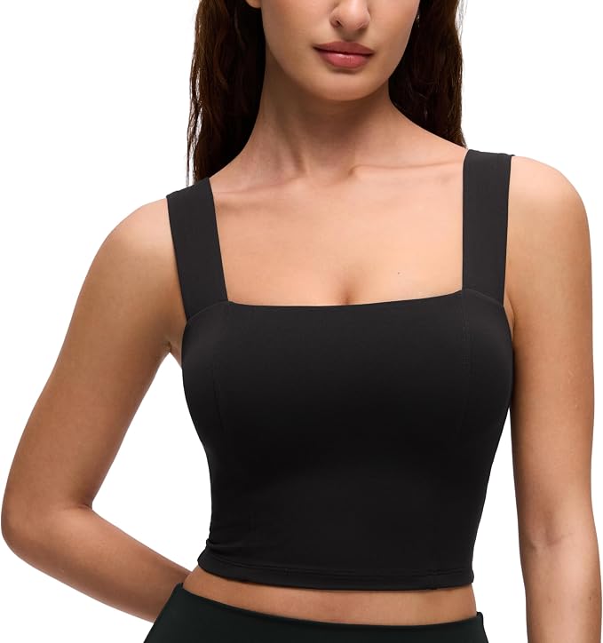 CRZ YOGA Butterluxe Wide Straps Square Neck Crop Tank Tops for Women - Padded Workout Yoga Longline Sports Bras