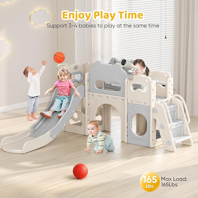 Toddler Slide Indoor, 8 in 1 Indoor Playground for Kids 1-3 Toddler Playset with Climber, Basketball Hoop, Tunnel and Storage Space Kids Outdoor Slide Playset (Grey)