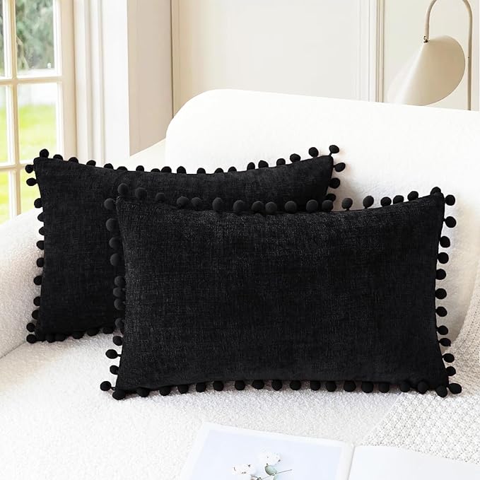 CaliTime Decorative Couch Throw Pillow Covers 20 X 12 Inches Black | Pack of 2, Cozy Chenille Cushion Cases, with Pom Poms for Sofa Bed Living Room Farmhouse Home