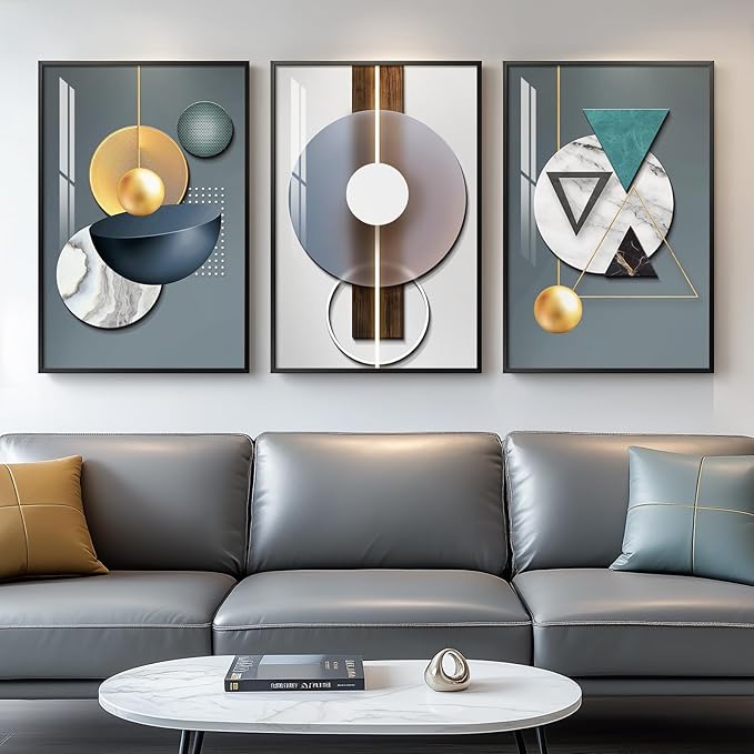 Framed Modern Wall Art for Living Room, 3 Piece Modern Luxury Bright Style Blue Green Paintings Wall Decor, Geometric Prints Artwork with Black Frame for Bedroom, Office,Hallway 16x24 Inch