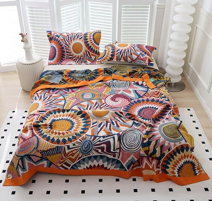 Boho Throw Blanket for Bed 100% Cotton Bohemian Blankets Ultra Soft Woven Muslin Decorative Blankets All Seasons Vintage Quilt Knitted Blanket for Sofa Chair (Colorful, 80"x90")