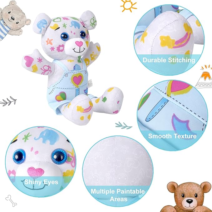 Stuffed Animal Coloring Plush Toy with 20 Washable Markers Laser Holographic Backpack Road Trip Car Game Writing Painting Set for Girls Doodle Dolls Kids Ages 3-6 Birthday(Blue Bear)