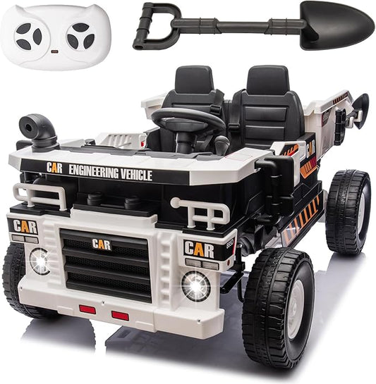 POSTACK 24V 8Ah Ride on Dump Truck with Electric Dump Bed, Ride on Construction Vehicle 4WD Kids Electric Car with Remote Control and Extra Shovel,4x70W Powerful Motors, White