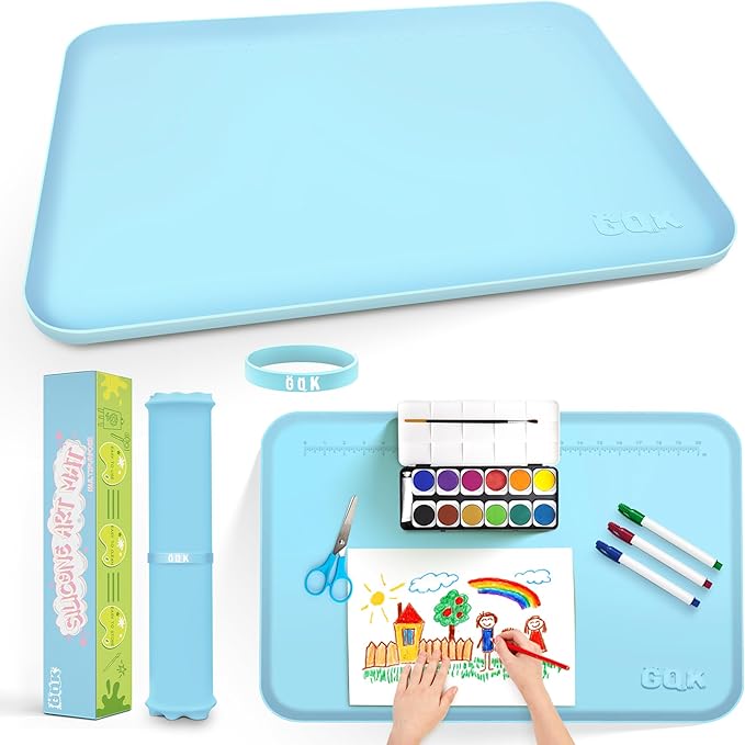 Silicone Art Mat for Crafts, 24" x 16" Painting Mat with Raised Sides to Stay Tidy, Paint Craft Mats for Clay, Resin, Slime, Jewelry-Making & Crafts Creation (Blue)