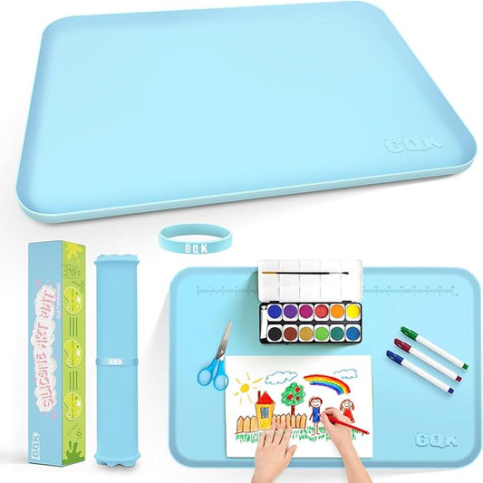 Silicone Art Mat for Crafts, 24" x 16" Painting Mat with Raised Sides to Stay Tidy, Paint Craft Mats for Clay, Resin, Slime, Jewelry-Making & Crafts Creation (Blue)