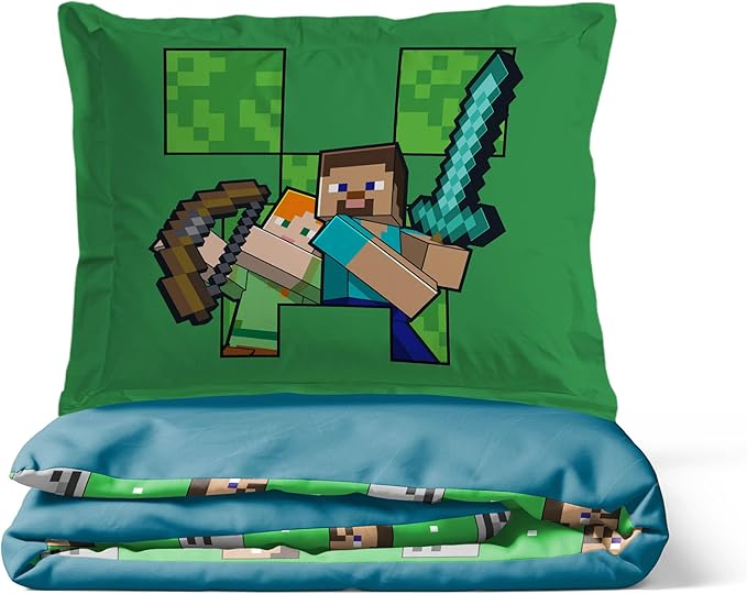 Jay Franco Duvet Cover Set – 2 Piece Comforter Cover and Sham Set, Super Soft Cozy Kids Bedding (Insert Not Included) Blue - Minecraft, Twin