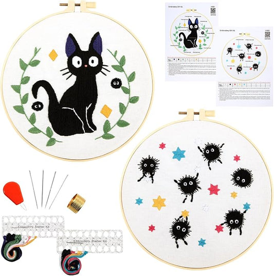 Cat Embroidery Starter Kit for Beginners Adults, Animal Stamped Cross Stitch Kit for Adult Beginner, Hand Embroidery Needlepoint Kits, 2 Set Embroidery Supply, 2 Hoops (Attached Video Tutorial)