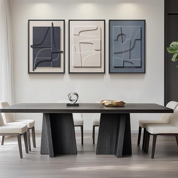Large 3D Textured Framed Blue White Abstract Wall Art Set, 3 Piece 20x30 In | Solid wood frames, raised geometric reliefs, navy blue and ivory tones, modern wall decor for living room bedroom and office