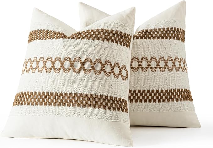 MIULEE Set of 2 Coco Brown Boho Decorative Pillow Covers 20x20 Inch | Farmhouse Couch Throw Pillows, Modern Spring Cotton Cushion Covers, Macrame Woven Home Decor for Bed Sofa Chair
