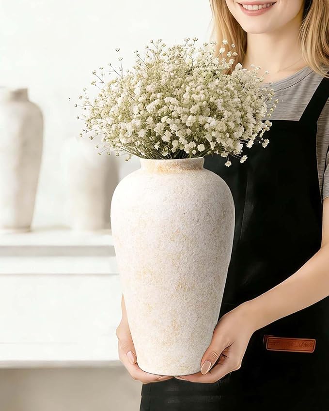 Large Ceramic Rustic Vase 11 Inches, YBX White Ceramic Flower Vase for Centerpieces, Decorative Farmhouse Tall Vase for Home Decor, Living Room, Bedroom, Hallway, Wedding, Table Decorations, Beige