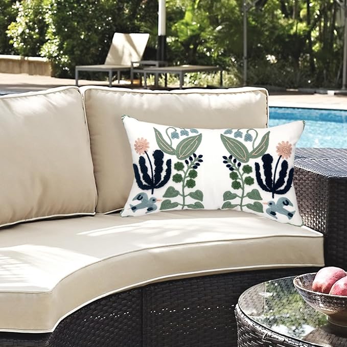 Alysheer Floral Embroidered Summer Lumbar Decorative Throw Pillow Cover 12"x 20", Farmhouse Cottage Navy Blue Green Flowers Leaves Patterned Cotton Canvas Cushion Case for Sofa Couch Bed Living Room